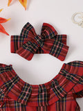 2pcs Plaid Toddler Girls Christmas Sets, Sleeveless Dress & Bow Headband Set for Party Gift Kids Clothes