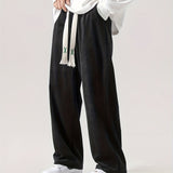 kkboxly  Men's Corduroy Wide Leg Pants, Casual Waist Drawstring Trousers For Leisure Activities