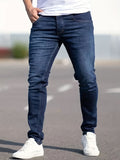 kkboxly Slim Fit Cotton Jeans, Men's Casual Solid Color Mid Stretch Denim Pants For Spring Summer