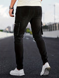 kkboxly Slim Fit Flap Pocket Ripped Jeans, Men's Casual Street Style Mid Stretch Denim Pants For Spring Summer