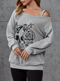 kkboxly  Skull & Floral Print One Shoulder Sweatshirt, Casual Long Sleeve Sweatshirt, Women's Clothing