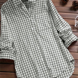 kkboxly  Gingham Print Classic Shirt, Vintage Button Front Long Sleeve Shirt With A Collar, Women's Clothing