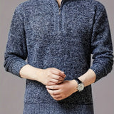 Men's Trendy Knitted Pullover, Casual Mid Stretch Breathable Zip Up Long Sleeve Sweater For Outdoor Fall Winter