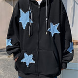 kkboxly  Men's Stylish Loose Stars Pattern Hoodie With Pockets, Casual Mid Stretch Breathable Zip Up Long Sleeve Hooded Sweatshirt For City Walk Street Hanging Outdoor Activities