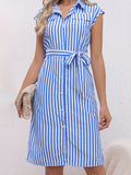 kkboxly  Striped Print Shirt Dress, Tie Waist Casual Short Sleeve Dress, Women's Clothing