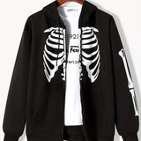 kkboxly  Skeleton Pattern Zip Up Hoodie, Men's Casual Stretch Hooded Sweatshirt Sportswear