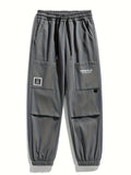 kkboxly  Men's Trendy Solid Cargo Pants With Multi Pockets, Casual Drawstrings Joggers For Outdoor