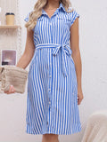 kkboxly  Striped Print Shirt Dress, Tie Waist Casual Short Sleeve Dress, Women's Clothing