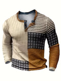 kkboxly  Vintage Color Block Pattern Men's Casual Long Sleeve Round Neck Henley Shirt, Spring Fall Outdoor