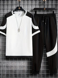 2-piece Men's Summer Street Outfit Set, Color Block Men's Short Sleeve Round Neck T-shirt & Drawstring Long Pants Set