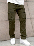 kkboxly  Solid Multi Flap Pockets Men's Straight Leg Cargo Pants, Loose Casual Outdoor Pants, Men's Work Pants Streetwear