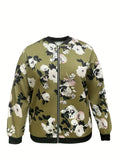 kkboxly  Plus Size Casual Jacket, Women's Plus Floral Print Zip Up Long Sleeve Bomber Jacket