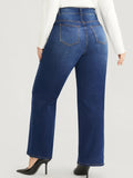 kkboxly  Plus Size Basic Jeans, Women's Plus Solid Button Fly High Rise Medium Stretch Wide Leg Jeans