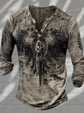 kkboxly  Retro Eagle Pattern Men's Stylish Long Sleeve Henley Tee For Spring Fall, Gift For Men