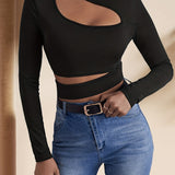 kkboxly  Cut Out Slim T-shirt, Sexy Stand Collar Long Sleeve Solid T-shirt, Women's Clothing