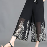 Floral Pattern Chiffon Cropped Wide Leg Pants, Casual Belted Pants For Spring & Fall, Women's Clothing