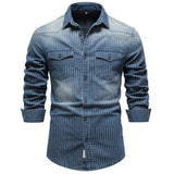 kkboxly  Striped Stretch Men's Denim Shirts Male Jeans Casual Slim