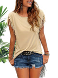 kkboxly  Fringe Hem Solid  T-Shirt, Crew Neck Short Sleeve T-Shirt, Casual Every Day Tops, Women's Clothing