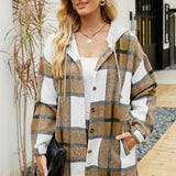 kkboxly  Plaid Print Hooded Shirt, Casual Drawstring Long Sleeve Shirt, Women's Clothing