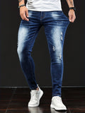 kkboxly  Slim Fit Ripped Jeans, Men's Casual Street Style Distressed Medium Stretch Denim Pants