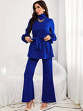 kkboxly  Solid Casual Two-piece Set, Turtle Neck Lantern Sleeve Belted Blouse & Flare Leg Pants Outfits, Women's Clothing