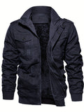 kkboxly  Warm Plush Fleece Cotton Jacket, Men's Casual Zipper Pockets Stand Collar Jacket Coat For Fall Winter