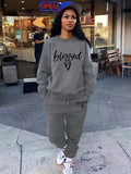 kkboxly Blessed Letter Print Casual Two-piece Set, Crew Neck Long Sleeve Tops & Drawstring Jogger Pants Outfits, Women's Clothing