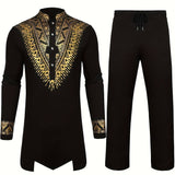 kkboxly Mens African 2-Piece Set Metallic Traditional Suit Golden Print Mens Cotton African Dashiki Shirt And Pants Outfit