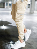 kkboxly  Solid Color Men's Chic Daily Long Drawstring Footed Cargo Pants With Zipper Pockets, Spring Fall Outdoor