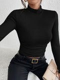 kkboxly  Solid Mock Neck T-shirt, Elegant Long Sleeve Slim Top For Spring & Fall, Women's Clothing