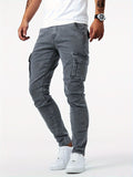 kkboxly Men's Casual Multi Pocket Jeans, Chic Street Style High Stretch Cargo Denim Pants