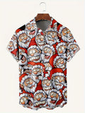 kkboxly  Christmas Santa & Elk Cartoon Pattern Men's Short Sleeve Button-down Shirt With Chest Pocket, Gift For Men