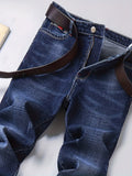 kkboxly  Chic Straight Leg Jeans, Men's Casual Regular Stretch Street Style Denim Pants With Pockets