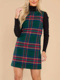 Mini Sleeveless Women's Plaid A Line Short Dress for Xmas Party Round Neck Christmas Dresses