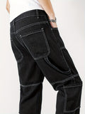 Pocket Men's Straight Leg Cargo Pants, Loose Trendy Outdoor Pants, Mens Denim Pants