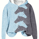 kkboxly  Color Block Horse Print Pullover Hoodie, Casual Long Sleeve Hoodie Sweatshirt, Women's Clothing