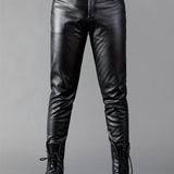 kkboxly  Men's Chic PU Pants, Casual Slim Fit Medium Stretch Faux Leather Biker Pants For Spring Fall