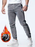 kkboxly  Men's Casual Letter Embroidery Tapered Harem Pants, Chic Warm Thick Casual Pants For Fall Winter