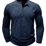 kkboxly  Solid Color Men's All-match Cotton Comfy Long Sleeve Round Neck Henley Shirt, Spring Fall