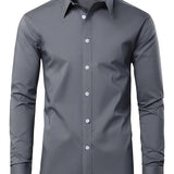 kkboxly  Slim Fit Shirt, Men's Semi Formal Lapel Button Up Long Sleeve Shirt For Spring Summer Business