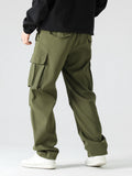 kkboxly  Men's Trendy Solid Cargo Pants With Multi Pockets, Casual Straight Leg Loose Fit Trousers For Outdoor