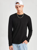 kkboxly  One Size Smaller, Men's Solid Color Slim-fit Elastic Round Neck Long Sleeves Shirt