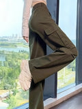 kkboxly  Solid Straight Leg Cargo Pants, Y2K Flap Pocket High Waist Loose Pants, Women's Clothing