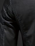 kkboxly  Men's Faux Leather Windbreaker Plain Black Zipper Long Sleeve PU Jacket For Motorcycle