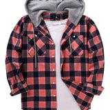 kkboxly  Drawstring Hooded Flannel Shirt, Men's Casual Various Colors Plaid Button Up Shirt For Spring Summer