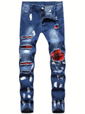 kkboxly  Paint Splatter Plaid Ripped Jeans, Men's Casual Street Style Straight Leg Distressed Slightly Stretch Cotton Blend Denim Pants For Spring Summer