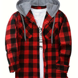 kkboxly  Plaid Shirt Coat For Men Long Sleeve Casual Regular Fit Button Up Hooded Shirts Jacket