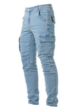 kkboxly  Slim Fit Multi Pocket Jeans, Men's Casual Street Style Medium Stretch Denim Cargo Pants