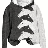 kkboxly  Color Block Horse Print Pullover Hoodie, Casual Long Sleeve Hoodie Sweatshirt, Women's Clothing