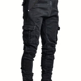 Men's Solid Color Multi-pocket Skinny Jeans For Autumn And Winter